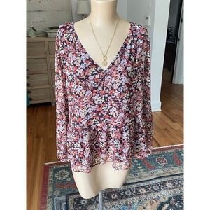 LOFT Womens Burgundy Floral V-Neck Peplum Long Sleeve Chiffon Blouse Size M